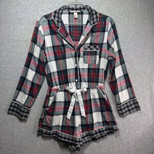 Victoria's Secret Sleep Romper Pajama M Plaid Rhinestone Love Holiday Shorts L/S